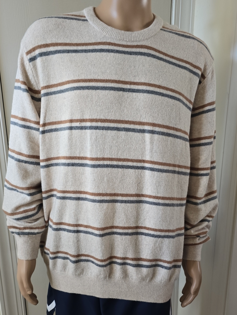 Izod Brand Mens Big & Tall Tan Stripes Crewneck Sweater Size XXL